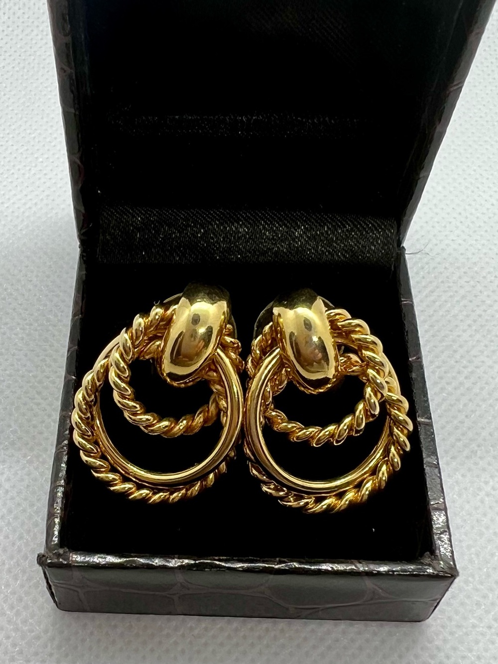 Vintage Signed O.S. Gold Tone Double Hoop Rope Twist Door Knocker Post Earrings